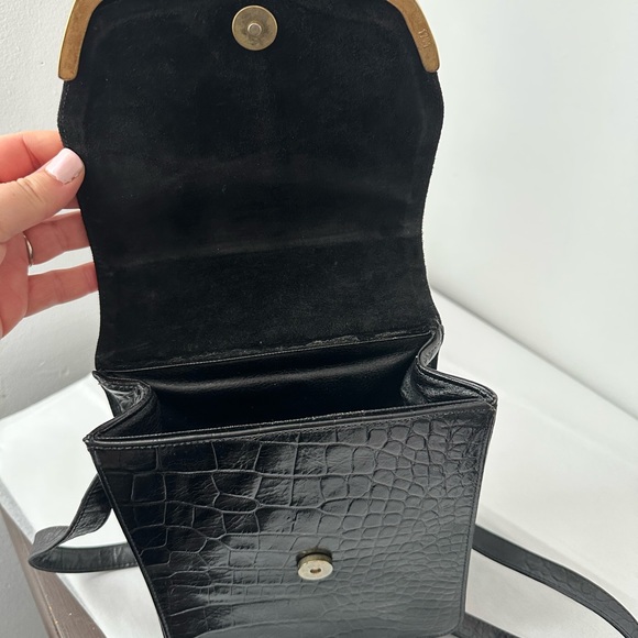 Vintage Black Purse Leather Alligator Skin Embossed Crossbody Shoulder Gold - Picture 10 of 13